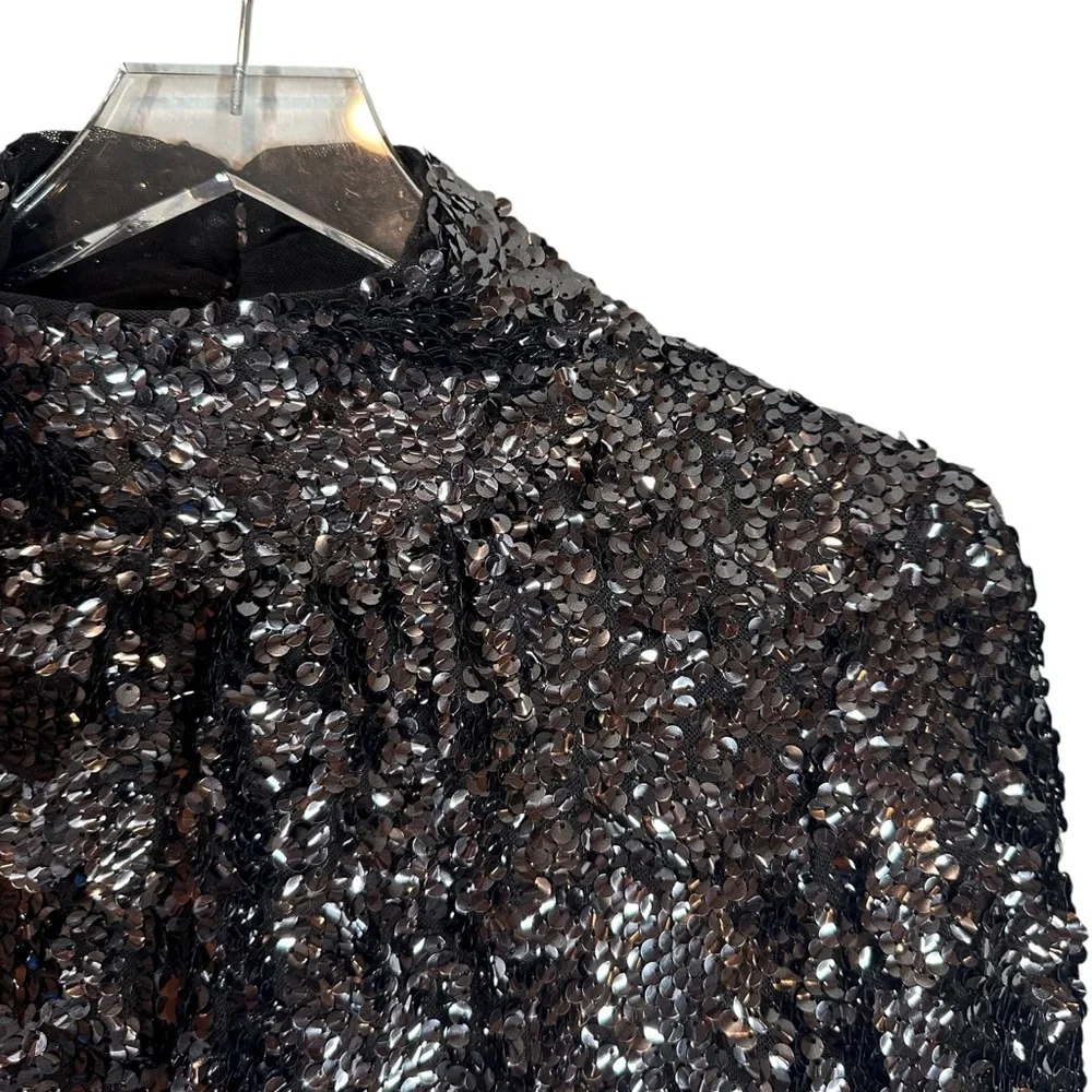 FREE PEOPLE Women's Small Moonstruck Black Sequins High Neck Open Back Blouse